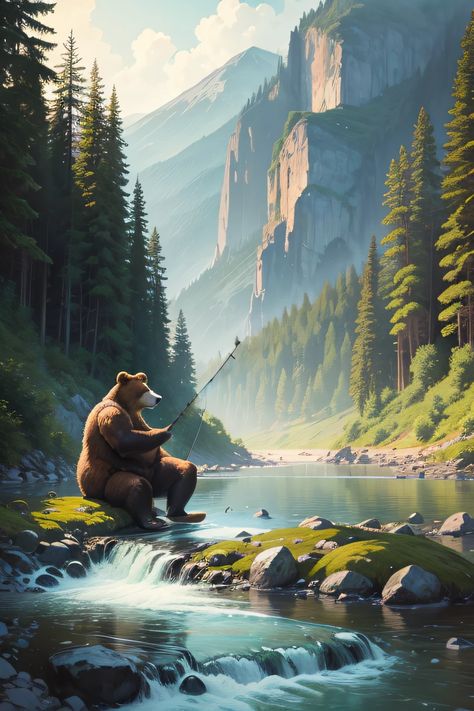 Painting of a bear fishing in a river with a mountain in the background - SeaArt AI Bear Fishing, Portfolio Web Design, Fishing Rod, Bears, Lion, Fishing, Web Design, Portfolio, Fish