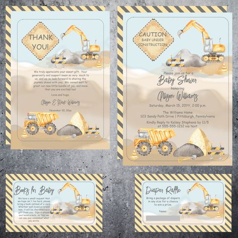 Construction Dump Truck Boy Baby Shower --  Created with a muted watercolor less traditional pallet, this Baby Shower design features a dump truck and a backhoe-excavator on a construction site with the caption "Caution Baby Under Construction".   Shop The Collection:   https://www.zazzle.com/collections/119171619121740610  #construction #boybabyshower #babyshowerinvitations #dumptruck #cautionbabyunderconstruction #excavator #backkoe #cute #zazzlemade #holidayheartsdesigns #holidayhearts Construction Baby Shower Theme, Construction Baby Shower, Diy Shutters, Dump Trucks, Dump Truck, Baby Shower Gender Reveal, Shower Design, Baby Shower Theme, Heavy Equipment