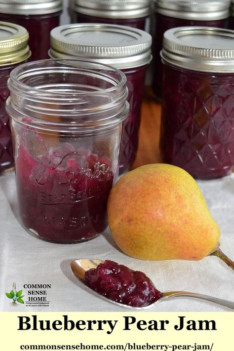 Blueberry Pear Jam, Pear Preserving, Garden Preserving, Pear Jam Recipe, Preserves Recipes, Pear Preserves, Lemon Jam, Blueberry Jam Recipe, Pear Jam