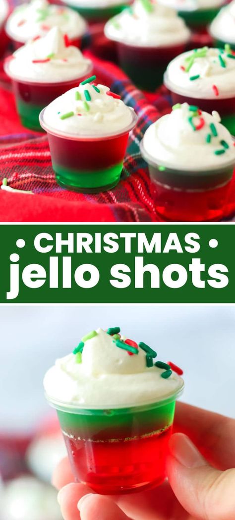 Red And Green Food Ideas, Christmas Jello Shots Recipes, Kid Friendly Jello Shots, Layered Jello Shots, Christmas Jell-o Shots, Non Alcoholic Jello Shots, Christmas Pudding Shots, Jello Shots Christmas, Green Jello Shots