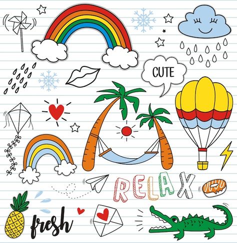 Vector set of colorful doodle on paper b... | Premium Vector #Freepik #vector #cute-rainbow #rainbow-drawing #cute-doodle #kids-doodle Doodle Kids, Rainbow Doodle, Rainbow Drawing, Paper Background, Doodle Art, Premium Vector, Graphic Resources, Doodles, Rainbow