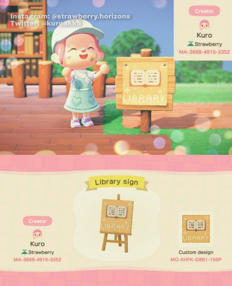 Animal Crossing New Horizons design library sign ACNH Library Codes Animal Crossing, Animal Crossing Library Code, Acnh Library Design Code, Animal Crossing Themes List, Acnh Outside Library, Acnh Library Codes, Animal Crossing Library Ideas, Animal Crossing Signs Design, Acnh Library Ideas