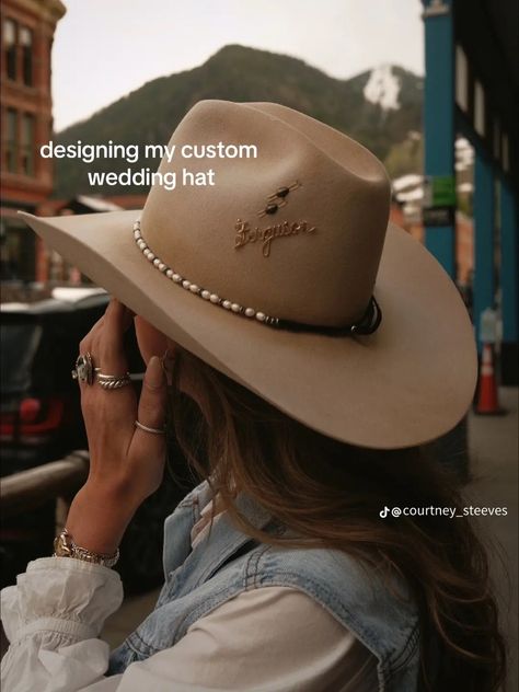 Custom Cowgirl Hat Ideas, Ranch Bachelorette, Cowboy Hat Wedding, Look All Jeans, Cowgirl Bride, Bachelorette Inspo, Vineyard Wedding Venue, Tin Haul, Cowgirl Style Outfits