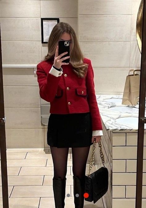 Winter Outfits Corporate, Red Outfit Winter Classy, Valentines Office Outfit, Red Winter Outfits Classy, Preppy Feminine Outfits, Frilly Shirt Outfit, Classy Red Aesthetic, Red Winter Jacket Outfit, Old Money Valentines Day Outfit