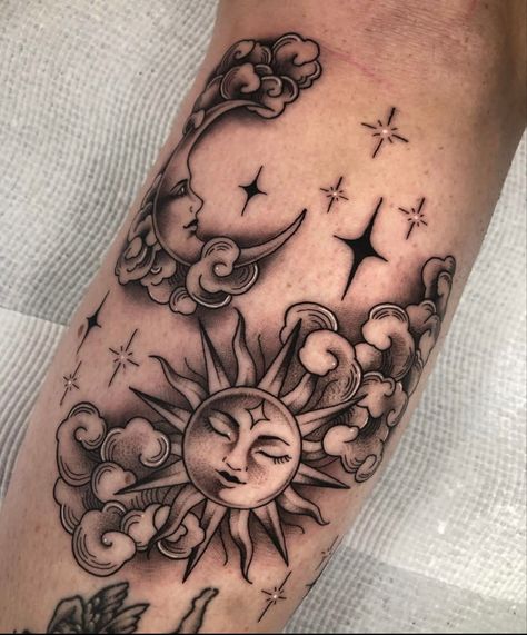 Moon And Space Tattoo, Tattoos With Shading For Women, Dark Sun And Moon Tattoo, Dark Mirror Tattoo, Tattoo Arm Cover Up, Atreyu Tattoo, Double Moon Tattoo, Mexican Sun And Moon Tattoo, Traditional Crescent Moon Tattoo