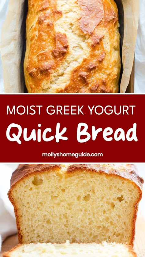 Indulge in a delicious treat with this easy-to-make Greek yogurt quick bread. Packed with flavor and moist texture, this recipe is perfect for breakfast or as a snack. The tangy Greek yogurt adds a creamy richness to the bread, making it irresistible for any occasion. Bake up a loaf to enjoy warm out of the oven or toasted with your favorite spreads. With simple ingredients and quick preparation, you'll love how versatile and satisfying this Greek yogurt quick bread can be. Greek Yogurt Rolls No Yeast, Bread Recipes With Yogurt, Self Rising Flour Greek Yogurt Recipes, Expired Yogurt Recipes, How To Use Up Greek Yogurt, Breakfast Recipes With Greek Yogurt, Easy Healthy Bread Recipes For Beginners, Yogurt Bagels Recipe, Greek Yogurt High Protein Recipes