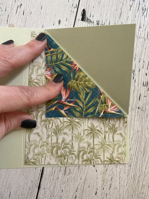 Corner Flip Card Tutorial, Corner Fold Card Tutorial, Corner Fold Cards, Unique Card Folds, Corner Flip Card, Stampin Up Tutorials Videos, Tropical Trees, Fancy Fold Card Tutorials, Creative Card