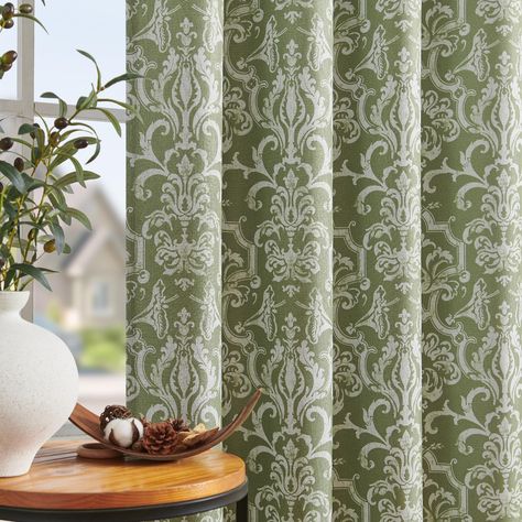 PRICES MAY VARY. READY MADE: These linen textured curtains adds some vintage accents to your room. Set includes 2 panels in 52 inch wide by 84 inch long each with 8 grommets top each (inner diameter of grommet is 1.6 inch). Decor your space with the baroque look and touch of JINCHAN curtains. BAROQUE DESIGN: Flaunting a baroque print in vivid colors, petals, leaves and lines are forming a vivid pattern. This beautiful damask curtains creates a striking contrast, for a stylish and eye-catching lo Linen Drapes Bedroom, Pond Walkway, Green Curtains Living Room, Bedroom Sage Green, Insulated Window Treatments, Textured Curtains, Patterned Curtains, Damask Curtains, Insulated Drapes