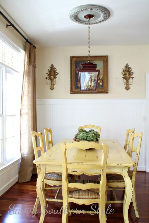 Painted Dining Room Table, Faux Wainscoting, Yellow Dining Room, Painted Dining Table, Savvy Southern Style, Yellow Table, Table Farmhouse, Kitchen Tables, Table Makeover