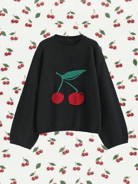 Women's Cherry Pattern Casual Sweater, Spring And Autumn Multicolor Casual  Long Sleeve Knitwear Colorblock,Fruit&Vegetable Pullovers Slight Stretch  Women Clothing, size features are:Bust: ,Length: ,Sleeve Length: Cherry Sweater, Cherry Pattern, Casual Sweater, Elegant Dresses Long, Modest Fashion Outfits, Clothing Hacks, Casual Sweaters, Boho Women, Kids Sleepwear