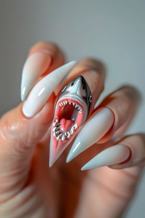 Vacation Nail Inspo 2024 Almond, Xl Nails Acrylic, Shark Nail Designs, Aquatic Nails, Summer Nails Hawaii, Unique Summer Nails, Vacation Summer Nails, Shark Nail Art, Shark Nails