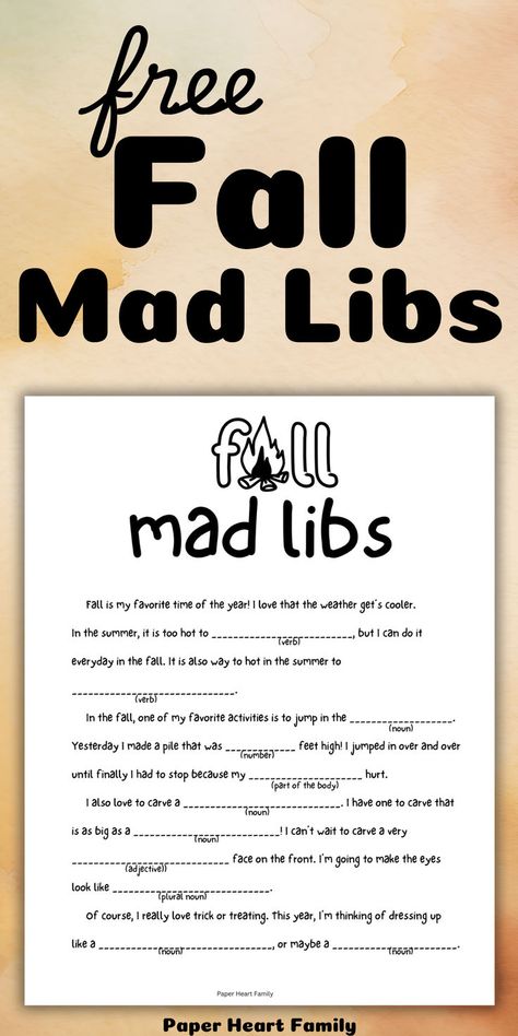 This fall mad libs free printable is part of an entire fall activity book that your kids will love. This funny story will have your kids excited about fall! It would be the perfect fall worksheet for the first day of autumn or activity for Thanksgiving. Fall Mad Libs, Free Printable Mad Libs, Mad Libs For Kids, Thanksgiving Mad Lib, Fall Worksheets, First Day Of Autumn, Fall Activity, Positive Parenting Solutions, Sensory Crafts