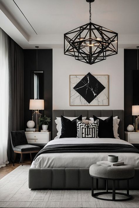 Aesthetic Grey Bedroom, Modern Luxury Bedroom Design Grey, Monochrome Bedroom Aesthetic, Monochrome Room Aesthetic, Gray Headboard Bedding Ideas, Grown Women Bedroom Ideas, Gray And Black Bedroom Ideas, Black And Silver Bedroom Ideas, Black White Grey Bedroom