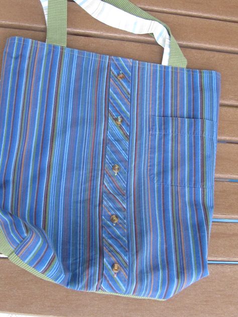 Blue striped market bag - reversible - $26 - Daddy's Button Shirt Foldable Bag, Upcycle Shirt, Diy Bags Purses, Tote Bags Sewing, Easter Decorations Dollar Store, Garden Crafts Diy, Jean Crafts, Black Beaded Jewelry, Crochet Purse Patterns