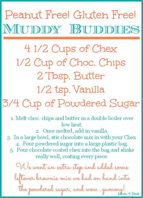 Gluten Free Muddy Buddies, Puppy Chow Mix, Peanut Free Snacks, Muddy Buddies Recipe, Muddy Buddy, Tree Nut Allergy, Nut Free Recipes, Muddy Buddies, Peanut Allergy