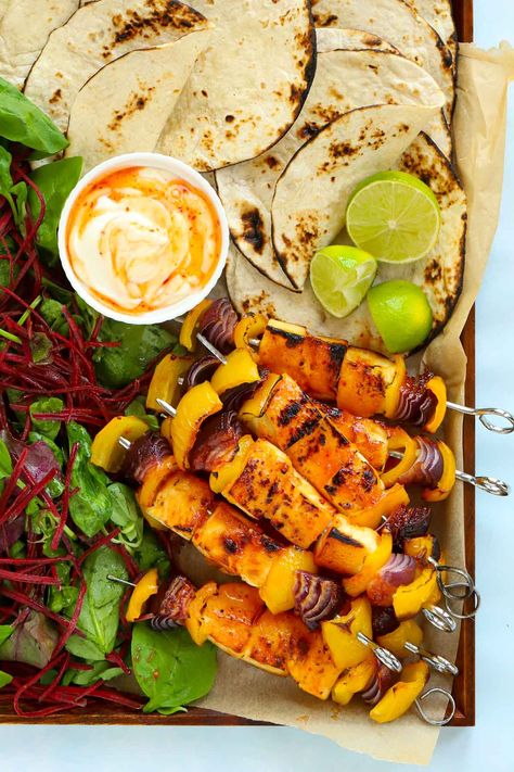 This Sticky Halloumi Kebabs recipe is perfect for a lazy summer dinner, which looks and tastes impressive but is actually pretty low on effort. Our favourite kind of meal! Halloumi Kebab, Chilli Dip, Chilli Mayo, Cooking Halloumi, Vegetable Skewers, Chilli Jam, Grilled Halloumi, Veg Food, Vegetarian Cookbook