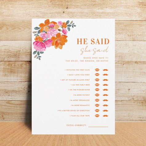 Floral Bridal Shower Games, He Said She Said Game, Bridal Shower Inspo, I Loved You First, Couple Wedding Shower, He Said She Said, Blushing Bride, Pink Bridal Shower, Bridal Shower Invitations Templates