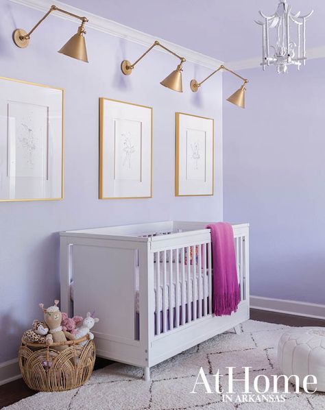 Toddler Room Pink And Purple, Lavender And Gold Nursery, Lilac Purple Nursery, Kids Room Purple Walls, Kids Room Purple Accent Wall, Purple And Gold Nursery, Purple And Blue Nursery, Light Purple Nursery Girl, Purple Accent Wall Bedroom Kids