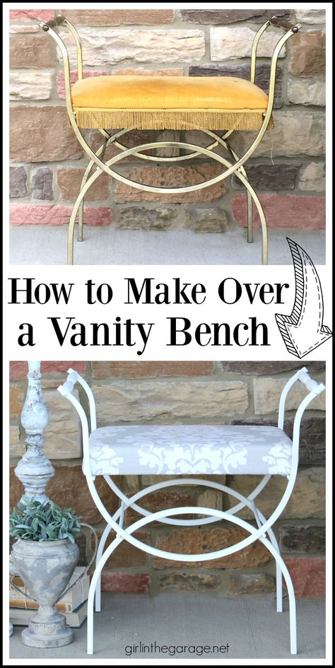 DIY Vintage vanity bench makeover - reupholstered and then updated with Fusion Mineral Paint. By Girl in the Garage Garage Hanging Storage, Bench Makeover, Vanity Seat, Paint Tutorial, Garage Storage Solutions, Upcycled Furniture Diy, Kitchen Remodel Design, Diy Bench, Furniture Vanity