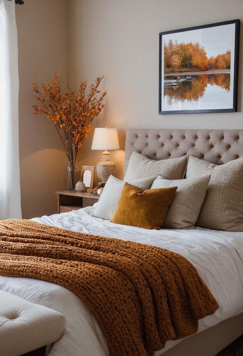 Add cottage-inspired decor like floral patterns, knitted blankets, and warm lighting for a cozy fall feel. Bedroom Ideas Autumn, Fall Bedroom Decor Cozy, Fall Decor Apartment, Warm Bedroom Colors, Autumn Bedroom, Beige Bedroom Decor, Ad Inspiration, Cozy Fall Bedroom, Fall Furniture