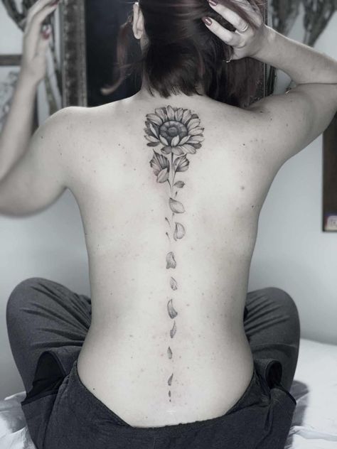 Sun Flower Back Tattoo, Sun Flower Spine Tattoo, Back Tattoo Sunflower, Back Tattoo Women Sunflower, Spine Tattoos Sunflower, Sunflower Spine Tattoo Quotes, Sunflower Back Tattoo Women, Sunflower Back Tattoo Spine, Spine Tattoo Sunflower