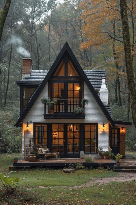 Dark Green Cabin Exterior, Pnw House Exterior, Dark Cottage Exterior, Witchy Cottage Exterior, Aesthetic Houses Exterior, Dark Wood Cottage, Cabin With Windows, Black And Brown House, House In Forest Cottages