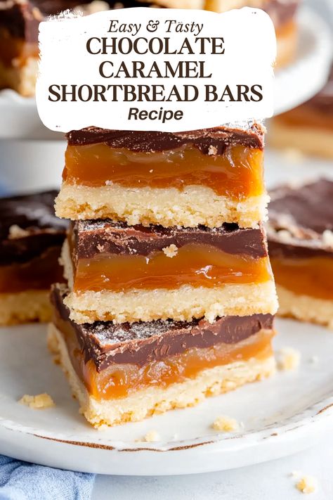 These Chocolate Caramel Shortbread Bars are an irresistible treat for shortbread enthusiasts! Featuring layers of buttery homemade shortbread, rich caramel, and luscious chocolate, this recipe for chocolate caramel bars is a must-have for any celebration. 2 cups butter (room temperature)1 ½ cups confectioners' sugar1 cup granulated sugar6 teaspoons pure vanilla extract4 cups all-purpose flour14 ounces Caramel Chocolate Recipes, Chocolate Caramel Bars Easy Recipes, Recipes Using Caramel Squares, Chocolate Finger Desserts, Chocolate Bar Filling Ideas, Caramel Bits Recipes, Chocolate Caramel Desserts, Chocolate Caramel Dessert, Caramel Shortbread Bars