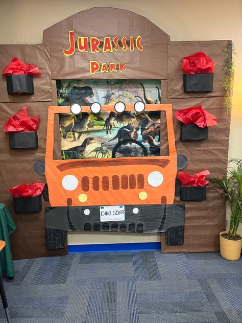 Jurassic Park Door Decoration, Dinosaur Vacation Bible School, Jurassic Park Bulletin Board, Jurassic Park Classroom Theme, Jurassic Park Classroom Transformation, Dinosaur Classroom Transformation, Dinosaur Bulletin Board Ideas Preschool, Dinosaur Decorations For Classroom, Stompers And Chompers Vbs 2023