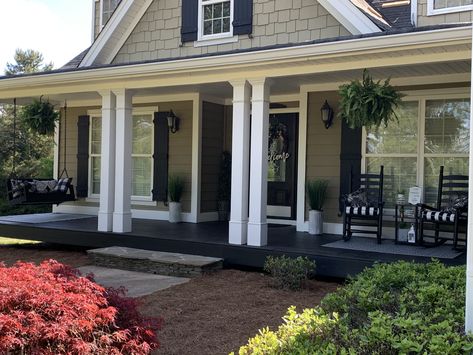 Black and white porch decor, front porch swing, rocking chair porch, Black Porch Rocking Chairs, Black Stained Front Porch, Front Porch Black Rocking Chairs, Black Rocking Chairs Front Porch, Black Front Porch Floor, Black Porch Floor, Black Wood Porch, White House Black Porch, Black Porch Ideas