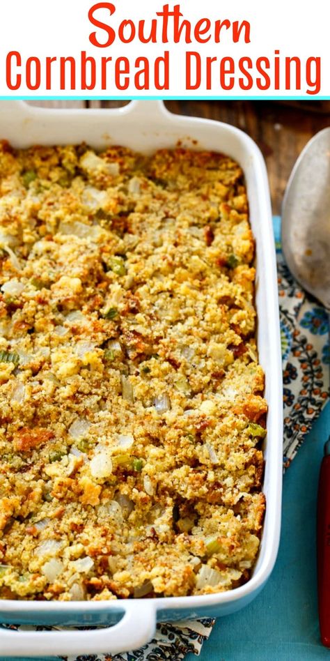 Southern Cornbread Dressing is a must for Thanksgiving. Southern Dressing Recipe, Thanksgiving Corn Bread, Southern Dressing, Charleston Christmas, Southern Cornbread Dressing, Cornbread Dressing Recipe, Cheesy Green Bean Casserole, Tree Cupcakes, Dressing Recipes Thanksgiving