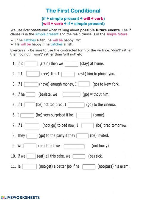 First conditional - Interactive worksheet Conditionals Grammar, First Conditional, English Language Learning Activities, English Grammar For Kids, Vocabulary Exercises, Spelling Worksheets, Teaching English Grammar, English Exercises, English Grammar Worksheets