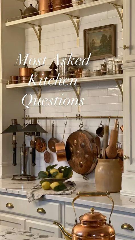 paigekontrafouris on Instagram: Some of the most frequently asked questions in the kitchen! - Open shelves were made with 1 x 10 boards with decorative molding added to… Creamy White By Benjamin Moore, Benjamin Moore Cabinets, Vintage Cabinet Hardware, Kitchen With Open Shelving, Kitchen Shelf Brackets, Vintage French Kitchen, Remodel House, Cremone Bolt, Open Pantry