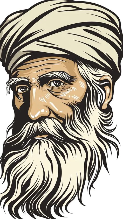 The image shows an old man with a long white beard and a turban or head wrap. He has a stern expression on his face and looks like he is deep in thought ->> more details in ai-img-gen.com Turban Drawing, Man With Turban, Stern Expression, Svg Illustration, Beard Illustration, Head Turban, Long Beard, Jewish Men, Realistic Drawing