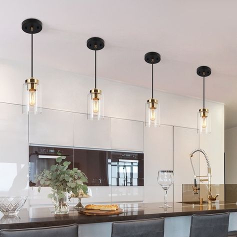 Kitchen Island Pendant Lights Glass, Seeded Glass Pendant Light, Lights Over Kitchen Island, Seeded Glass Pendant, Modern Kitchen Lighting, Kitchen Island Lights, Island Light Fixtures, Black Kitchen Island, Gold Pendant Lighting