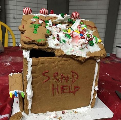 Gingerbread House Horrors Stone Gingerbread House Ideas, Trap House Gingerbread House, Gingerbread House Themes Funny, Horror Gingerbread House, Gingerbread House Ideas Creative Funny, Weird Gingerbread Houses, Gingerbread Trap House, Gingerbread Crackhouse, Bad Gingerbread House