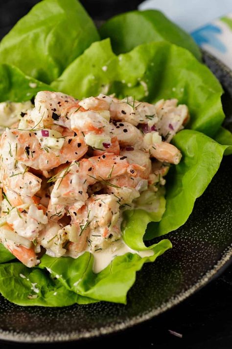 Old Bay shrimp on a bed of lettuce. Old Bay Shrimp Salad, Butter Lettuce Wraps, Bay Shrimp Salad, Shrimp Salad Healthy, Shrimp And Crab Salad, Crab Butter, Old Bay Shrimp, Sea Food Salad Recipes, Summertime Salads