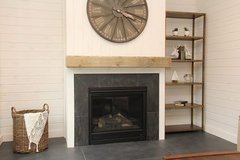 Dark Grey Tile Fireplace, Dark Tile Fireplace, Gray Tile Fireplace, Marble Tile Fireplace, Dark Fireplace, Fireplace Dark, Tile Around Fireplace, Fireplace Tile Ideas, Dark Grey Marble