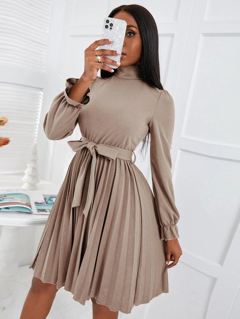 Church Dresses For Women, Brunch Dress, Striped Tunic Dress, Preppy Casual, Church Dresses, Ribbed Knit Dress, Ruffle Hem Dress, Flounce Sleeve, Turtle Neck Dress