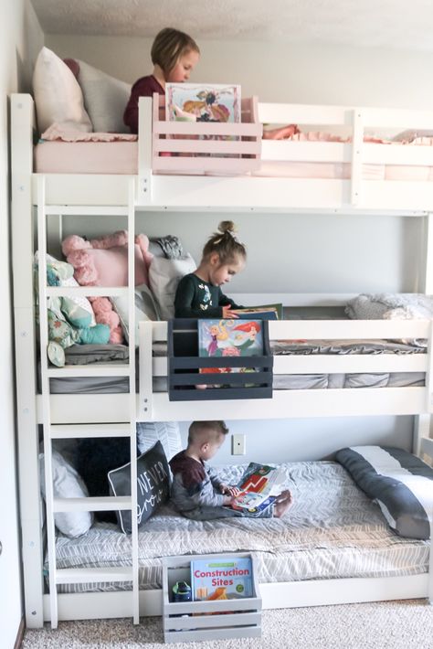 big kid room reveal with a triple bunk bed - Fueling Mamahood Unisex Kids Room, Bunk Bed Rooms, Kids Rooms Shared, Triple Bunk Beds, Kids Shared Bedroom, Shared Kids Room, Triple Bunk Bed, Triple Bunk, Big Kids Room