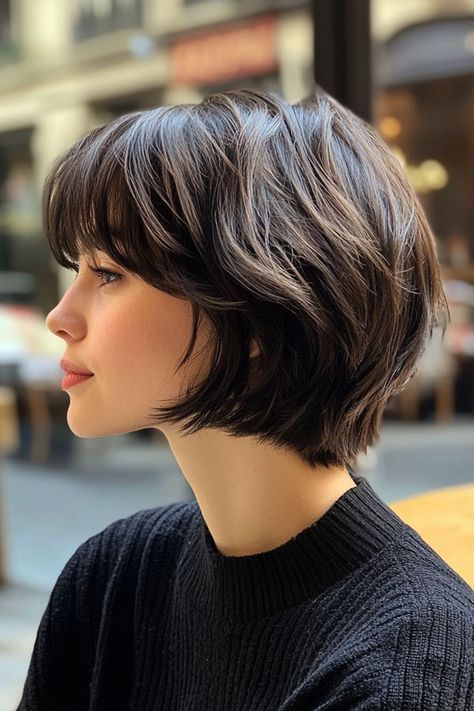 Layered Bob with Side-Swept Bangs, cute short haircut, short hairstyle Dark Bob Hairstyles, Blonde Graduated Bob, Short Dark Bob, Hairstyles Layers, Dark Bob, Bangs Style, Hairstyles For Seniors, Hairstyles Layered, Hairstyles Color