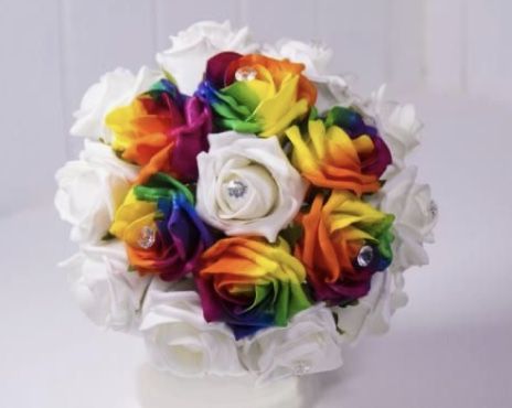 Rainbow Themed Wedding, White Bridal Bouquet Hydrangea, Rainbow Wedding Flowers, Pride Birthday, Rainbow Wedding Theme, Pride Wedding, Hydrangea Bridal Bouquet, Rainbow Wedding Dress, Bridal Mini