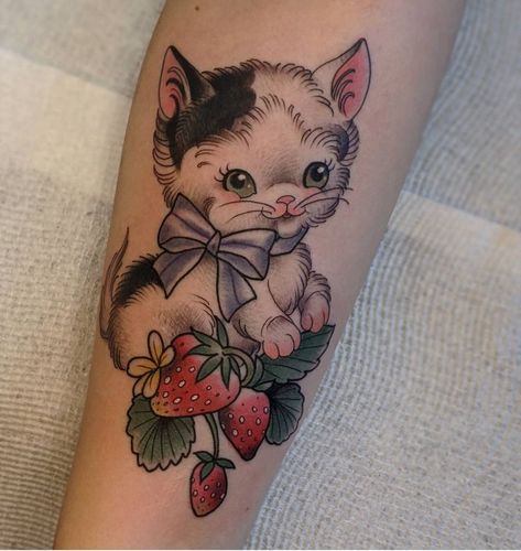 Vintage Kitten Tattoo, Cherry Cat Tattoo, Vintage Kitsch Tattoo, Kitschy Tattoo, Vintage Cat Tattoo, Vintage Floral Tattoo, Kitsch Tattoo, Strawberry Tattoos, Kitsch Cat