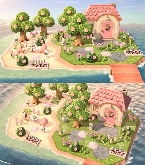 Animal Crossing Island Terraforming, Acnh Skye Yard, Plaza Decoration Animal Crossing, Acnh Norma Yard, Preppy Animal Crossing Island, Acnh Backyard Ideas, Acnh Pink House Exterior, Acnh Lolly, Animal Crossing Pink House Exterior