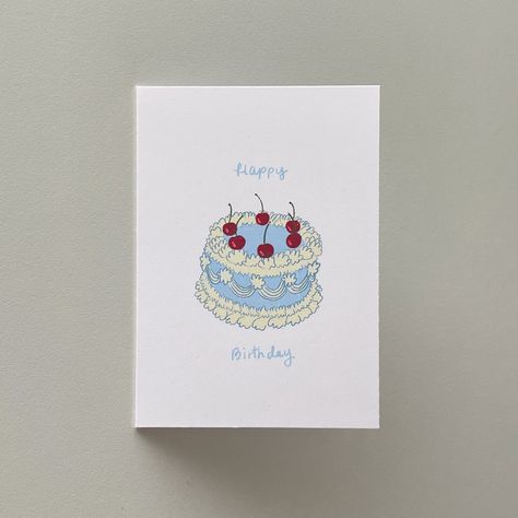 Vintage Blue Cherry Cake Happy Birthday Card | Greeting Card sizes available 3.5x5" or 5x7"  Each card comes with a white envelope. Homemade Birthday Card Boyfriend, Line Art Birthday Card, 25 Birthday Card Ideas, Cute Bday Cards, Drawn Birthday Cards, Bday Card Ideas, Birthday Card Inspo, 25th Birthday Card, Halloween Birthday Card