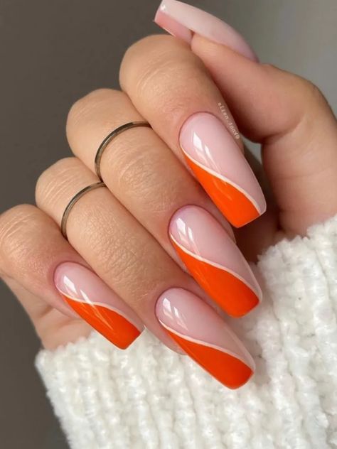 Orange Nails Autumn, Autumn Orange Nails, Burnt Orange Nails Acrylic, Trendy Orange Nails, Orange Nails Fall, Swirl Nail Designs, Burnt Orange Nails, Swirl Nail, Neon Orange Nails