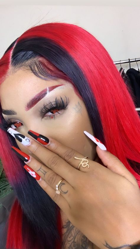 Dyed Eyebrow, Dyed Hair And Eyebrows, Colored Eyebrows Makeup, Red Eyebrows Black Hair, Red Eyebrow, Red Hair Black Eyebrows, Red Eyebrows And Hair, Burgundy Hair And Eyebrows, Dyed Eyebrows Black Women