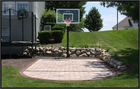 Backyard Basketball Court Ideas To Help Your Family Become Champs - Bored Art Backyard Court, Basketball Court Backyard, Backyard Sports, Backyard Basketball, Outdoor Basketball Court, Pavers Backyard, Backyard Playground, Backyard Play, Outdoor Playground