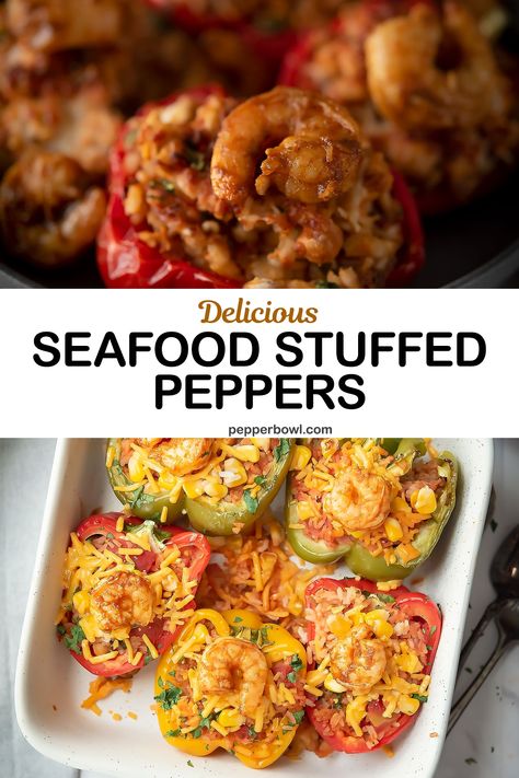 Stuffed Bell Peppers Shrimp Crab Meat, Fish Stuffed Peppers, Cajun Stuffed Peppers, Stuffed Peppers With Shrimp, Stuff Seafood Shells, Crawfish Stuffed Bell Peppers, Salmon Stuffed Bell Peppers, Crab And Shrimp Stuffed Peppers, Salmon Stuffed Peppers