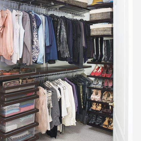 Enjoy free shipping on all purchases over $75 and free in-store pickup on the Platinum elfa Walk-In Closet at The Container Store. Available only at The Container Store, this well-appointed and exclusive elfa closet offers everything you need to stay organized: long- and short-hanging Closet Rods, smooth-gliding classic Mesh Drawers in both 18" and 24" sizes, Gliding Shoe Racks plus ample shelving for storage of handbags, accessories or seasonal garments. Plus, all the components ca... Closet Shelves Diy, Walk In Ideas, Container Store Closet, Bedroom Closet Shelves, Best Closet Systems, Diy Closet System, Large Walk In Closet, Diy Walk In Closet, Elfa Closet