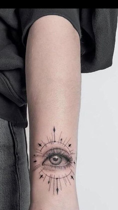 Eye Tattoo Back Of Arm, Real Eye Tattoo, Realistic Eyes Tattoo, 3rd Eye Tattoo Women, Eye Sun Tattoo, Sun Eye Tattoo, Eye Tattoo Ideas Women, Eyes Tatoos, 3rd Eye Tattoo